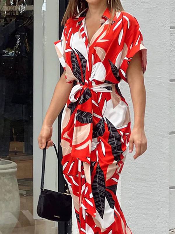 V-Neck Pleated Belt Short Sleeve Dress