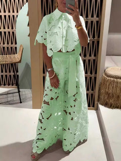 Exquisite Floral Embroidered Hollow Lace Wide-Leg Pants