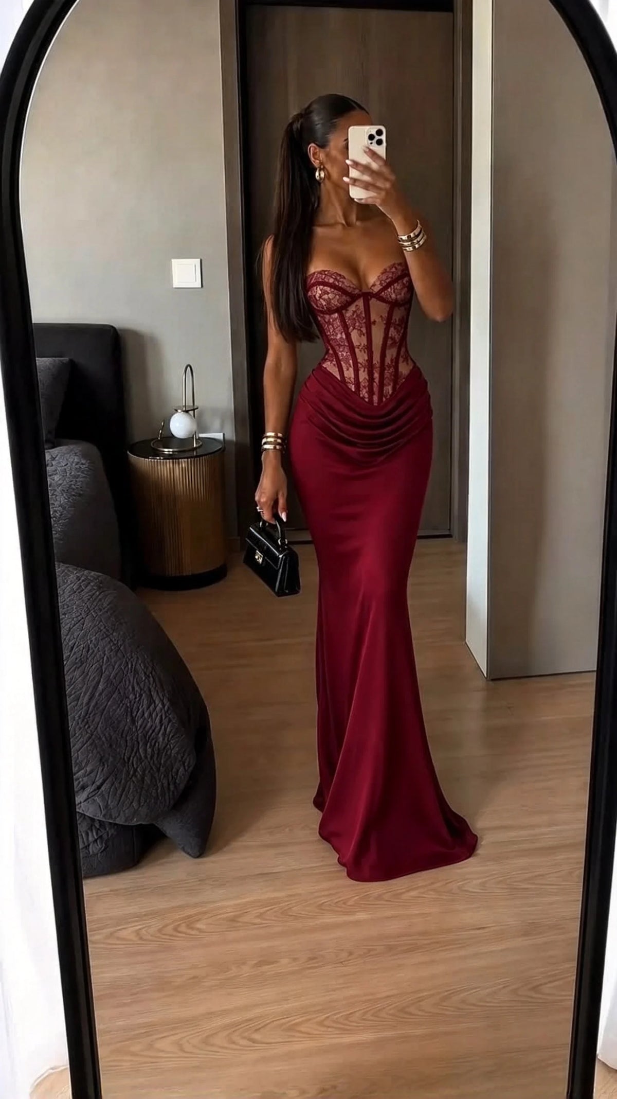Burgundy Strapless Lace Corset Draped Bodice Floor Length Evening Maxi Dress
