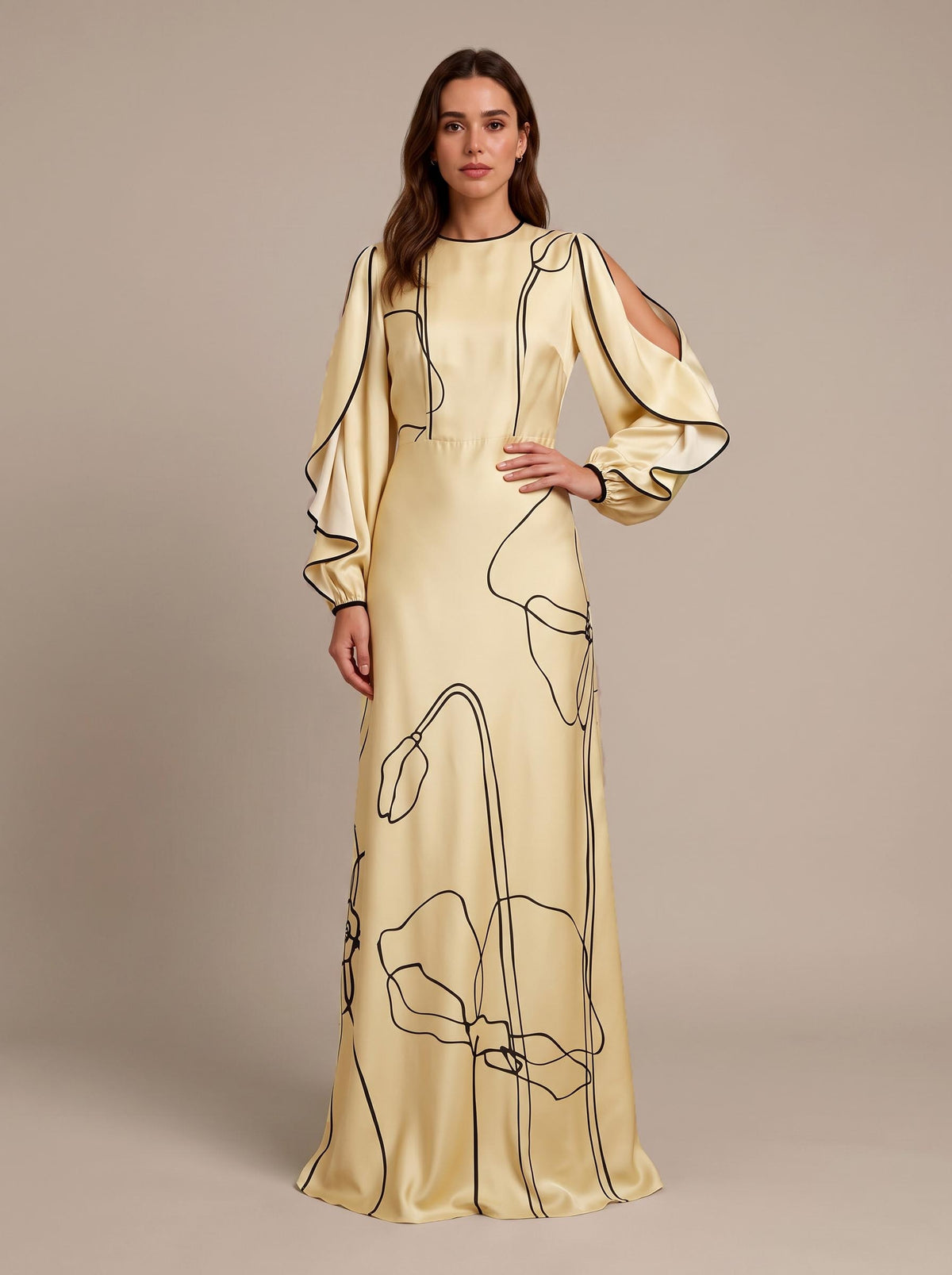 Delicate Ruffled Cutout Floral Print Satin Maxi Dress