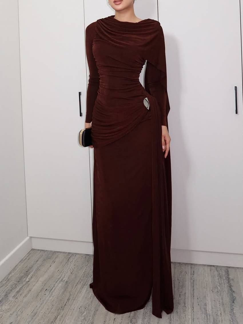 Irregular Shawl Ribbon Pleated Maxi Dress