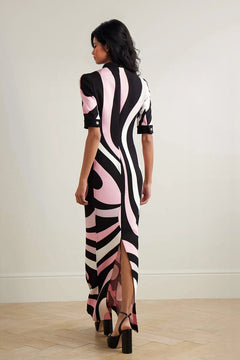 Retro-Inspired Unique Printed Satin Crinkle Maxi Dress