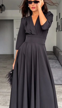 Black V-Neck Midi Dress with Puff Sleeves and Pleated Waistline [erp-image:2070d4e0f8e02b8beaacaa6b]