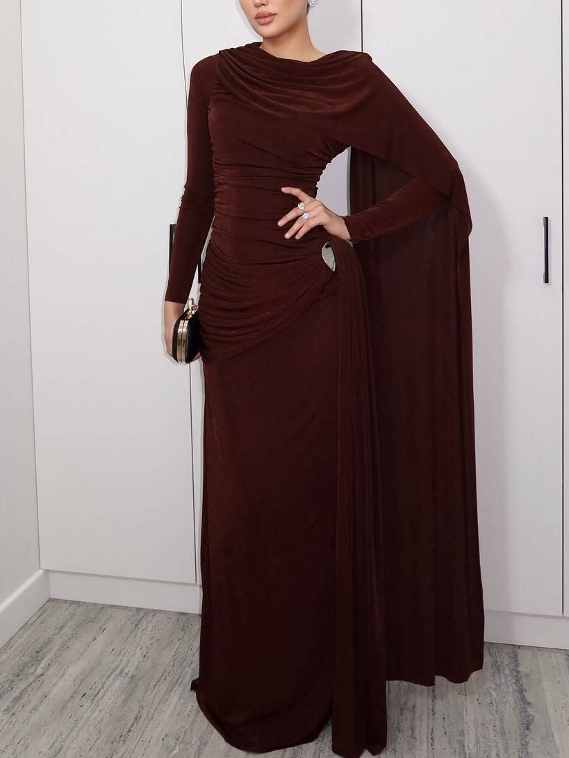 Irregular Shawl Ribbon Pleated Maxi Dress