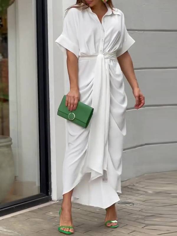 V-Neck Pleated Belt Short Sleeve Dress