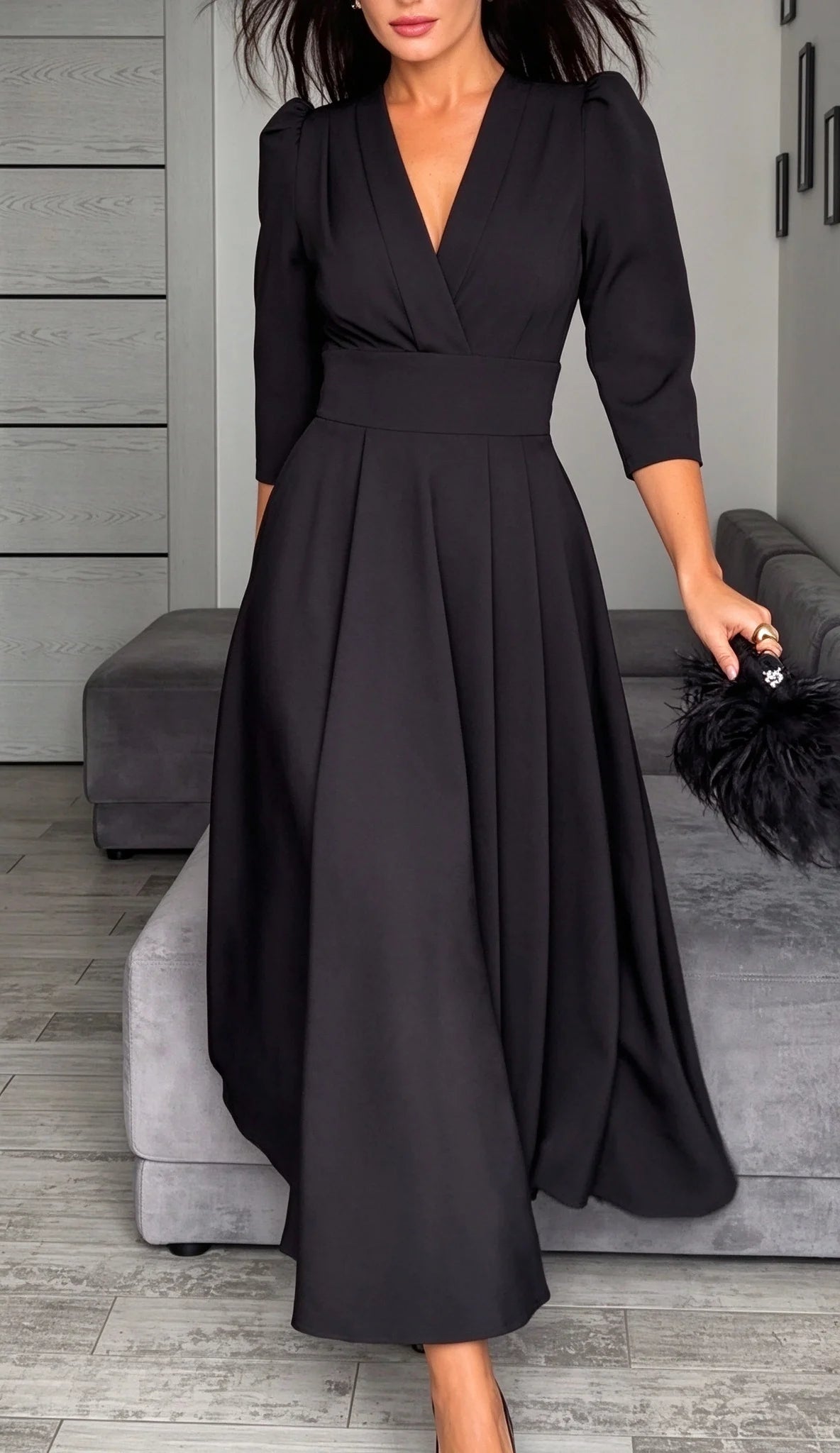 Black V-Neck Midi Dress with Puff Sleeves and Pleated Waistline [erp-image:e7d6c60903e6a9dd3eda7a1f]