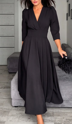 Black V-Neck Midi Dress with Puff Sleeves and Pleated Waistline [erp-image:e7d6c60903e6a9dd3eda7a1f]