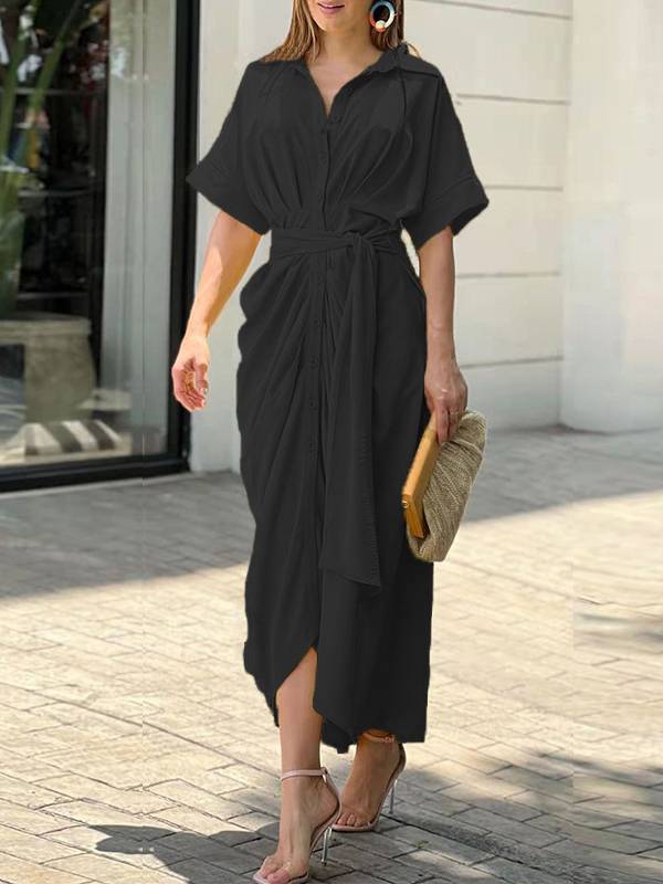 V-Neck Pleated Belt Short Sleeve Dress