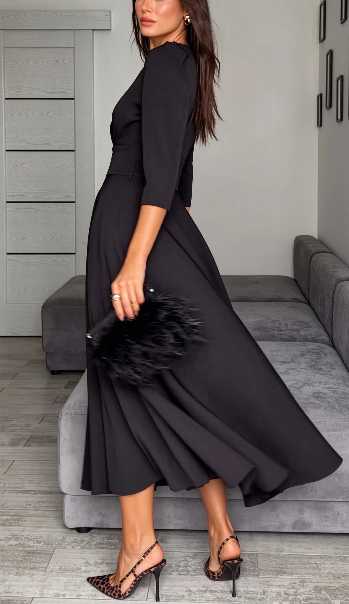 Black V-Neck Midi Dress with Puff Sleeves and Pleated Waistline [erp-image:2cbcea0dad3220f8321cc94a]