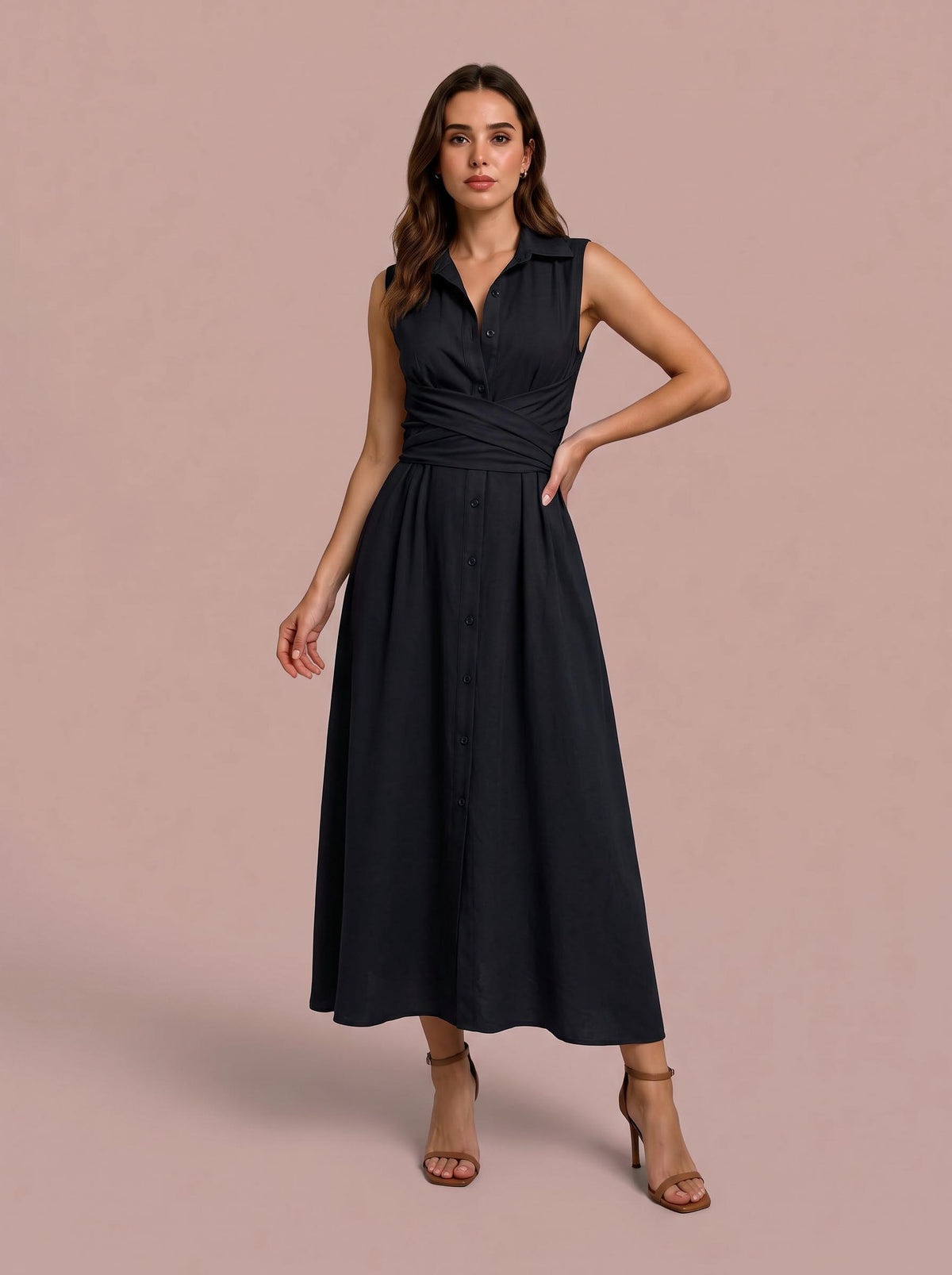 Unique Shirt Style Single-breasted Tie Midi Dress