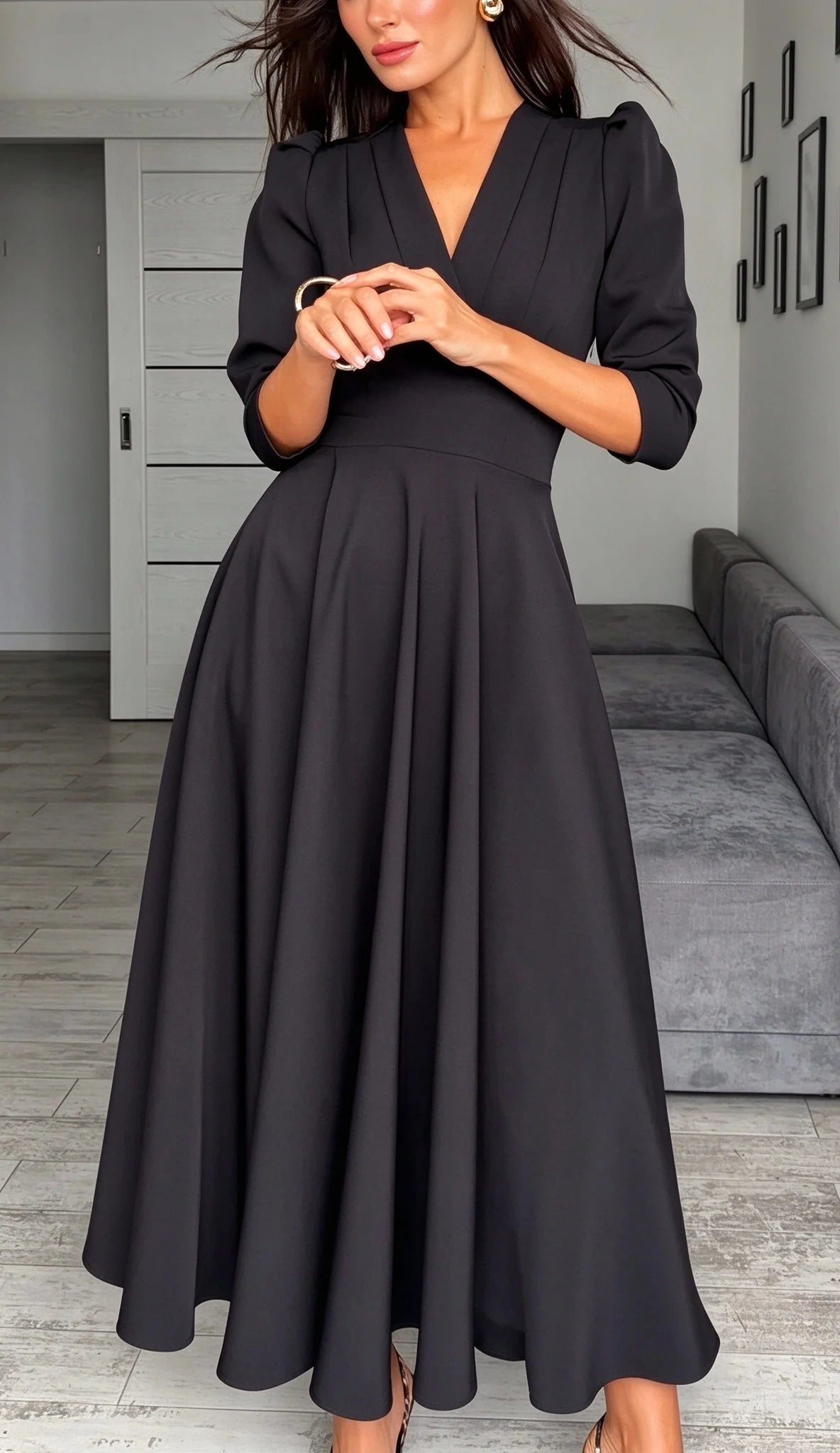 Black V-Neck Midi Dress with Puff Sleeves and Pleated Waistline [erp-image:1c38b90c0fe5336da56377e1]