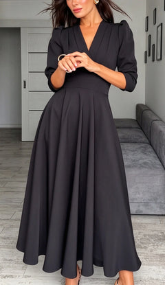 Black V-Neck Midi Dress with Puff Sleeves and Pleated Waistline [erp-image:1c38b90c0fe5336da56377e1]