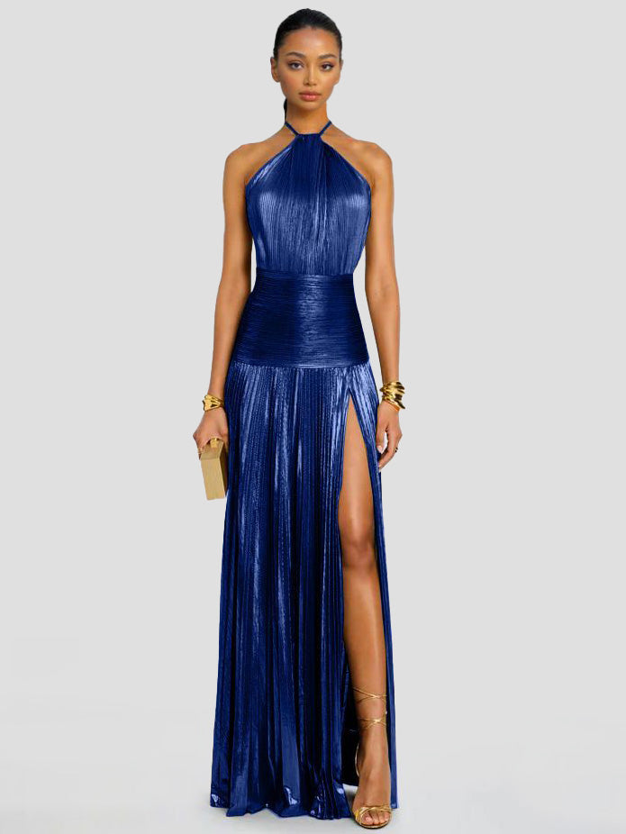Elegant Metallic Pleated Halter Neck Maxi Dress