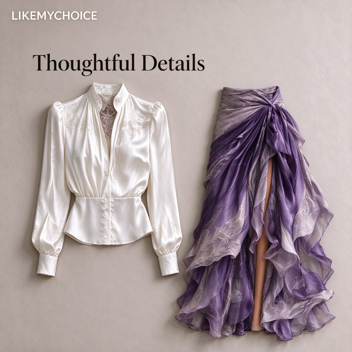 Two-piece Embroidered Satin Shirt With Vertical Collar Gradient Purple Kink Split Floating Dress