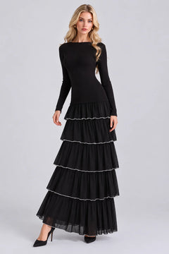 Black Long Sleeve Mock Neck Tiered Ruffle Drop Waist Maxi Dress [erp-image:6369cad152e58a1905a64aa8]