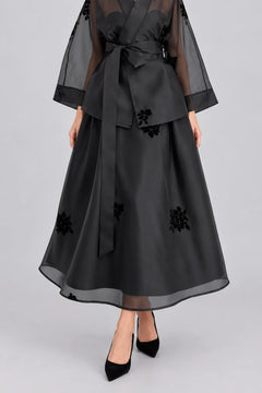Black Sheer Organza Wrap Kimono Top and A-Line Midi Skirt Set [erp-image:97496a3eea3a8aeea2a629da]