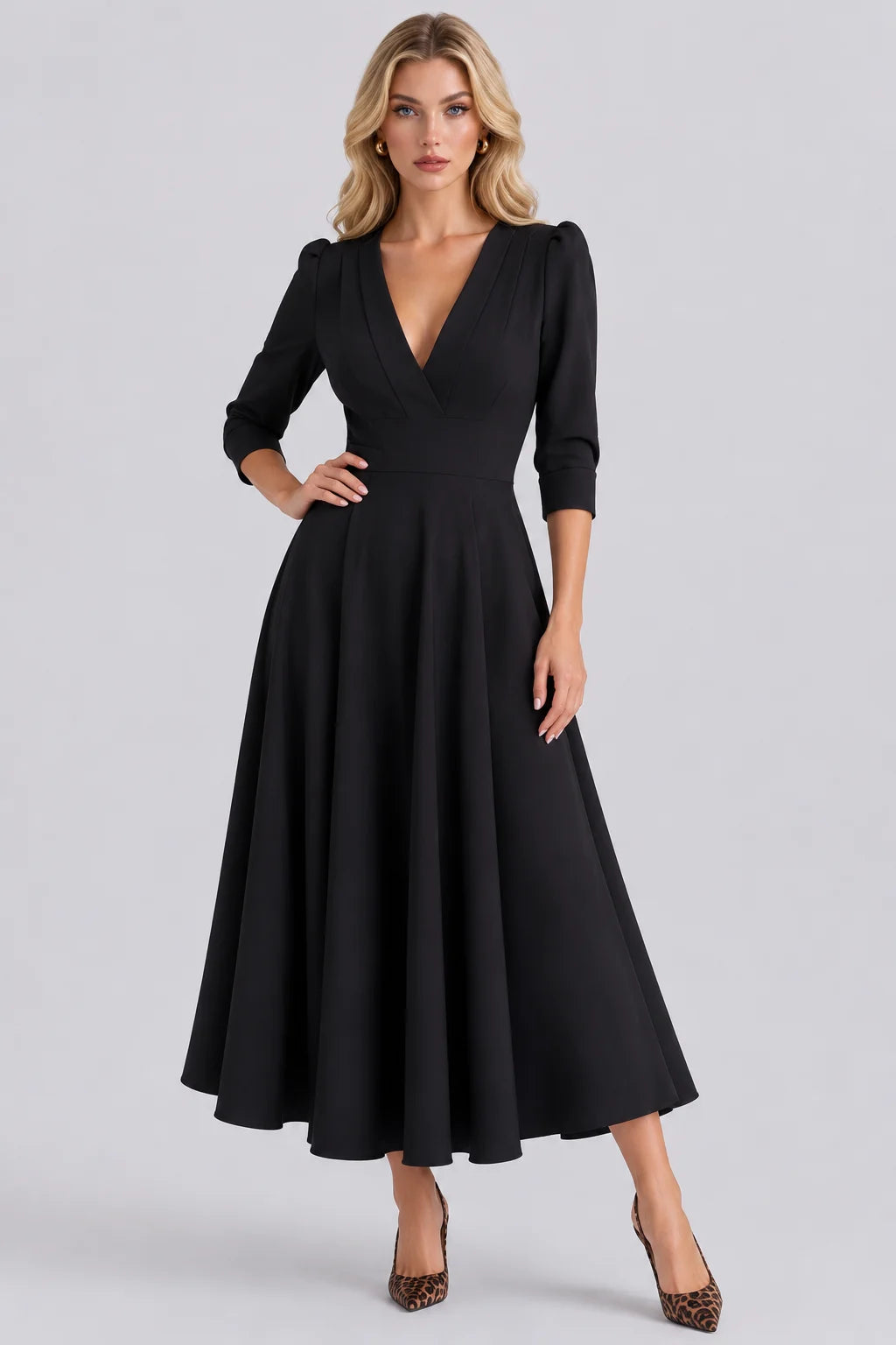 V-Neck Midi Dress with Puff Sleeves and Pleated Waistline [erp-image:3fd3f4015d3a7c268df44687]