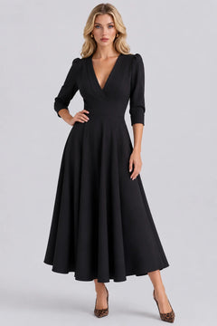 V-Neck Midi Dress with Puff Sleeves and Pleated Waistline [erp-image:3fd3f4015d3a7c268df44687]