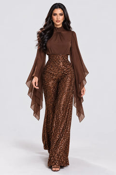 Brown High Neck Cape Sleeve Blouse and Sequin Wide Leg Pants Two Piece Set [erp-image:a93ac1952d89d819fcdae429]