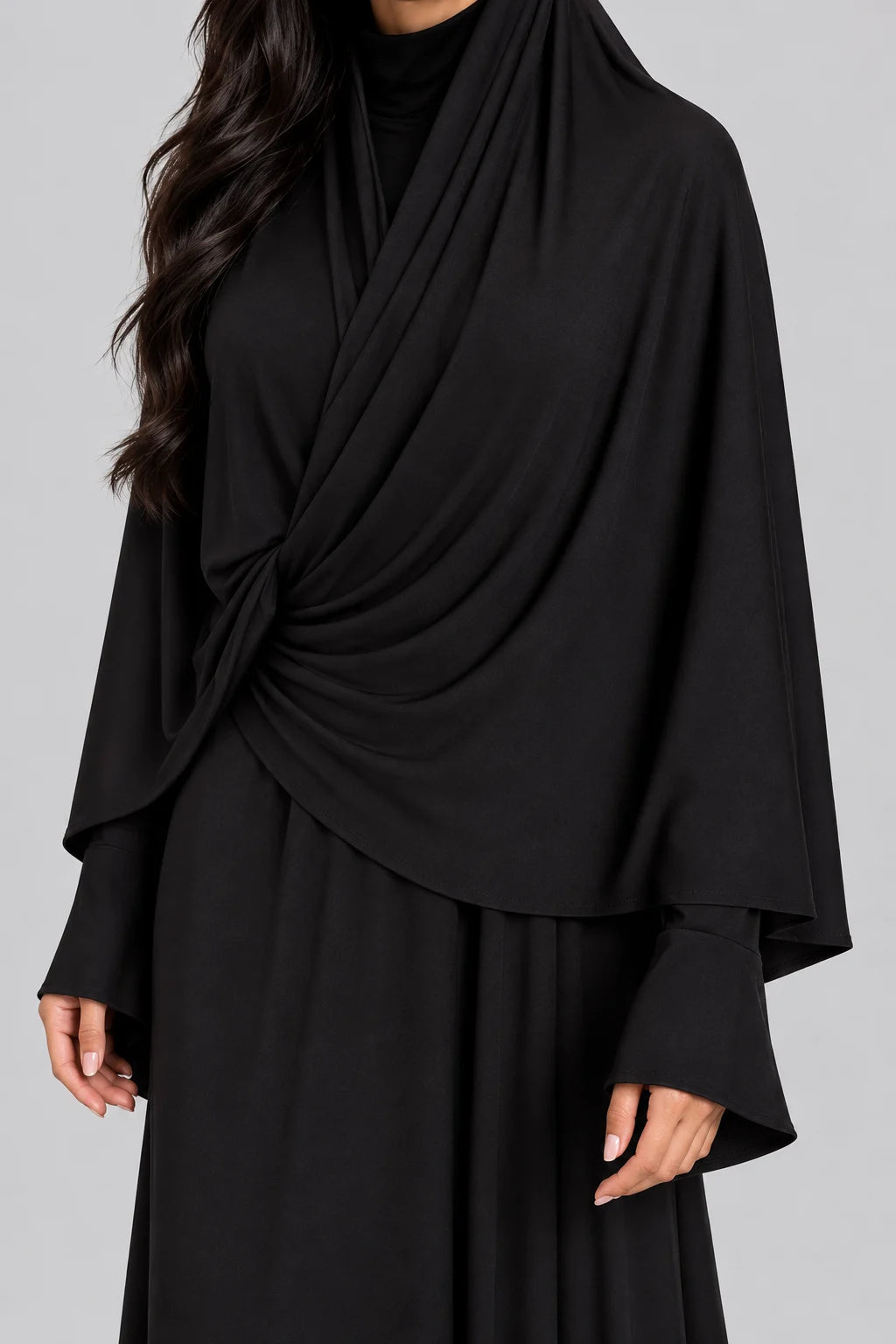 Women's Black Draped Khimar Abaya Maxi Dress Long Sleeve Modest Prayer Jilbab [erp-image:0ef6348c9366809a372bb32a]