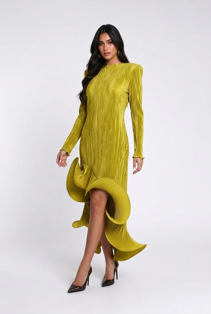 Long Sleeve Pleated High Low Dress with Sculptural Ruffle Hem