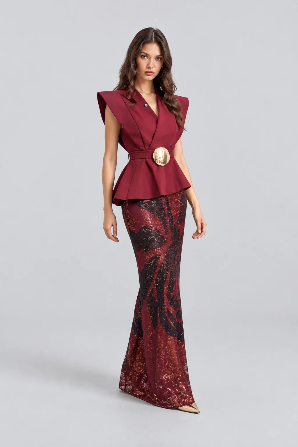 Burgundy Belted Peplum Top and Patterned Sequin Maxi Skirt Two Piece Set [erp-image:00fefd02e7dd7972dc47f866]