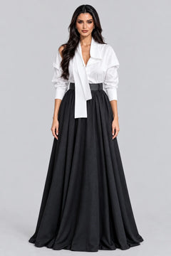 Women's Asymmetrical Draped Collar Shirt and High Waist Maxi Skirt Two Piece Set [erp-image:f8cd96743c95e337145419e2]