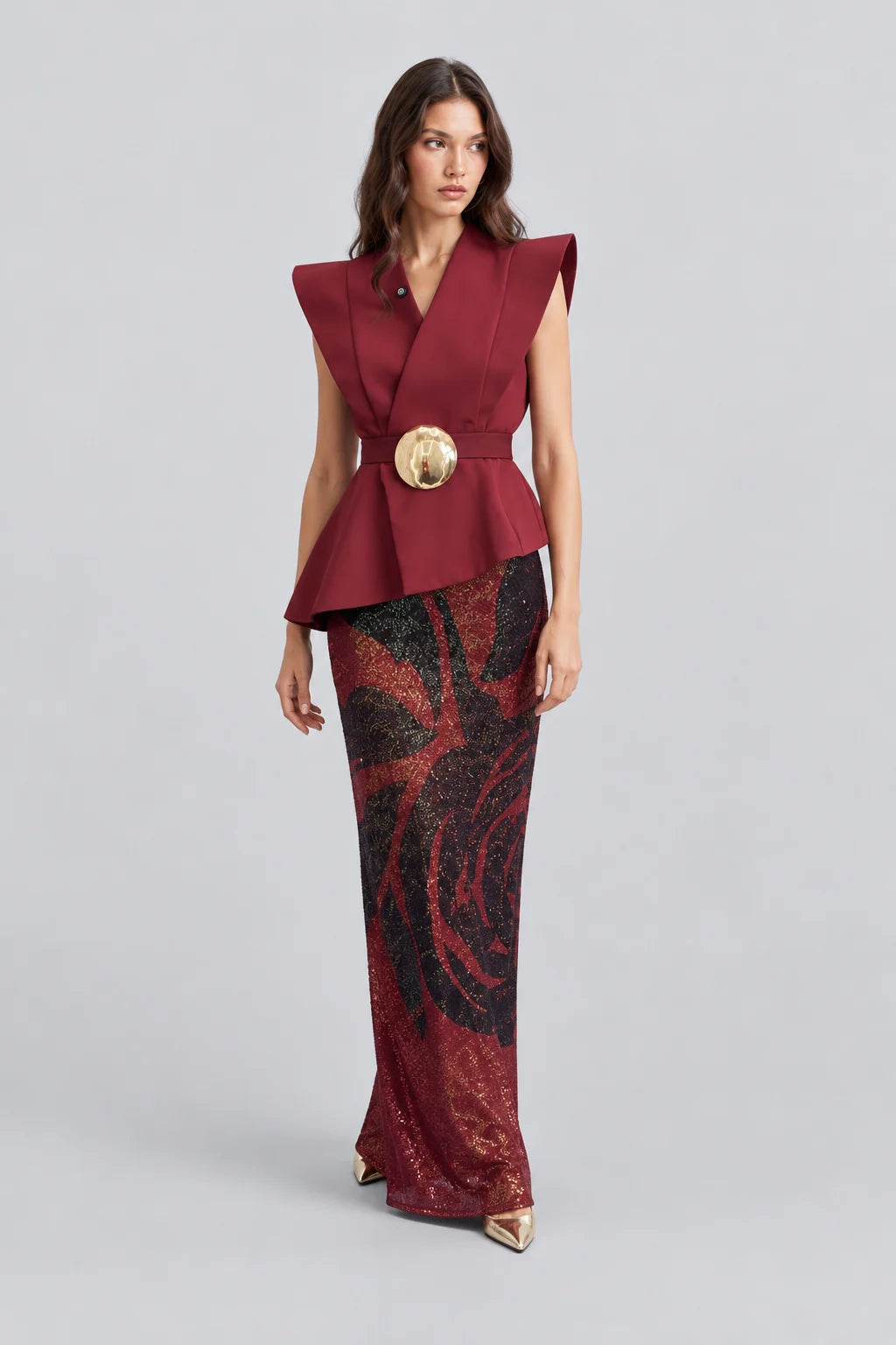Burgundy Belted Peplum Top and Patterned Sequin Maxi Skirt Two Piece Set [erp-image:8c08bdacfde11dc977ad208f]