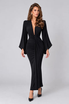 Deep V-Neck Padded Shoulder Long Sleeve Draped Ruched Black Maxi Dress [erp-image:0aba23b5b1c226993775d1a3]