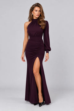 One Shoulder High Neck Ruched Maxi Evening Dress with Slit [erp-image:aba60c91fb5429310a3c4b5e]
