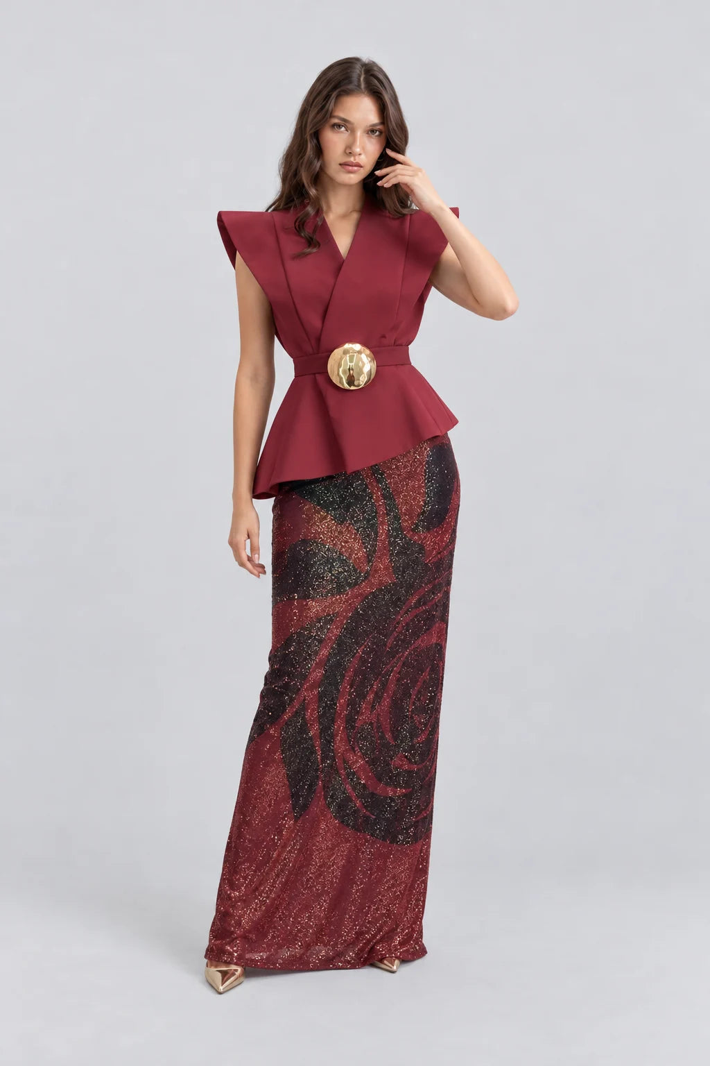 Burgundy Belted Peplum Top and Patterned Sequin Maxi Skirt Two Piece Set [erp-image:46b432402c66ff256a44ddbd]