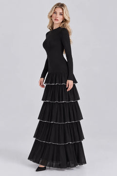 Black Long Sleeve Mock Neck Tiered Ruffle Drop Waist Maxi Dress [erp-image:bbead8396f7637d838f6698b]