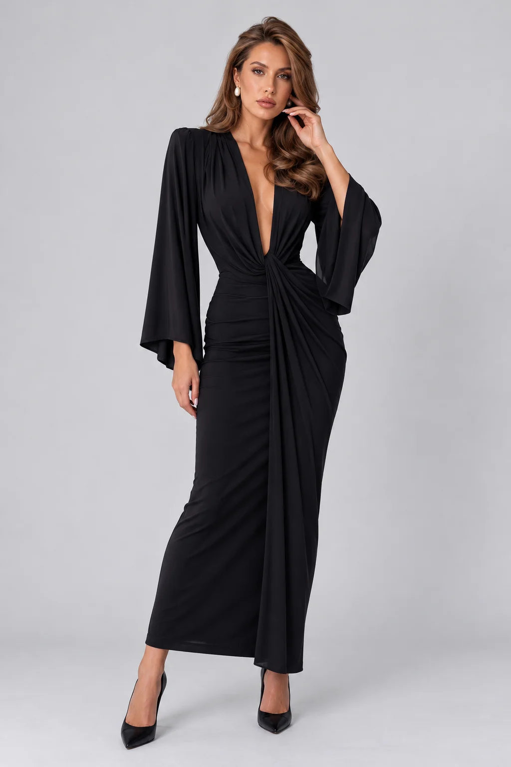 Deep V-Neck Padded Shoulder Long Sleeve Draped Ruched Black Maxi Dress [erp-image:6ca8cb07a8f606b1cdaf6716]