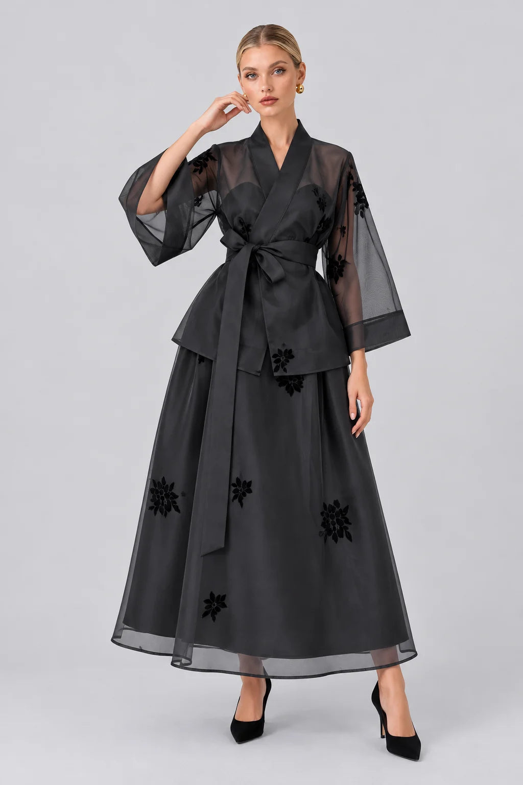 Black Sheer Organza Wrap Kimono Top and A-Line Midi Skirt Set [erp-image:be0143a8666096972ad5ca10]
