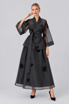 Black Sheer Organza Wrap Kimono Top and A-Line Midi Skirt Set [erp-image:be0143a8666096972ad5ca10]