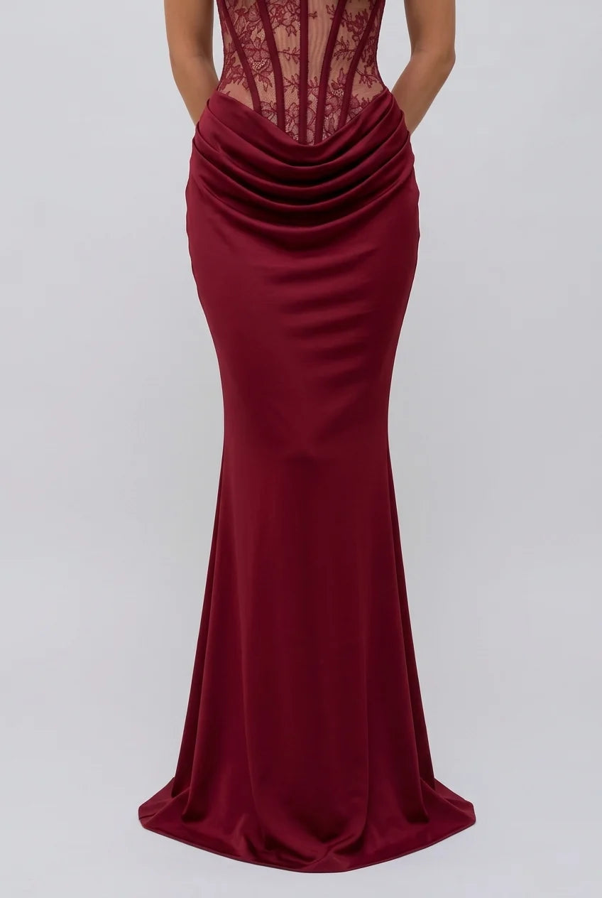 Burgundy Strapless Lace Corset Draped Bodice Floor Length Evening Maxi Dress