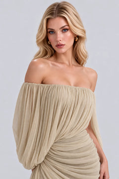 Off the Shoulder Draped Pleated Ruched Maxi Dress [erp-image:a34e1dd37bc5e1fe1de3d8b8]