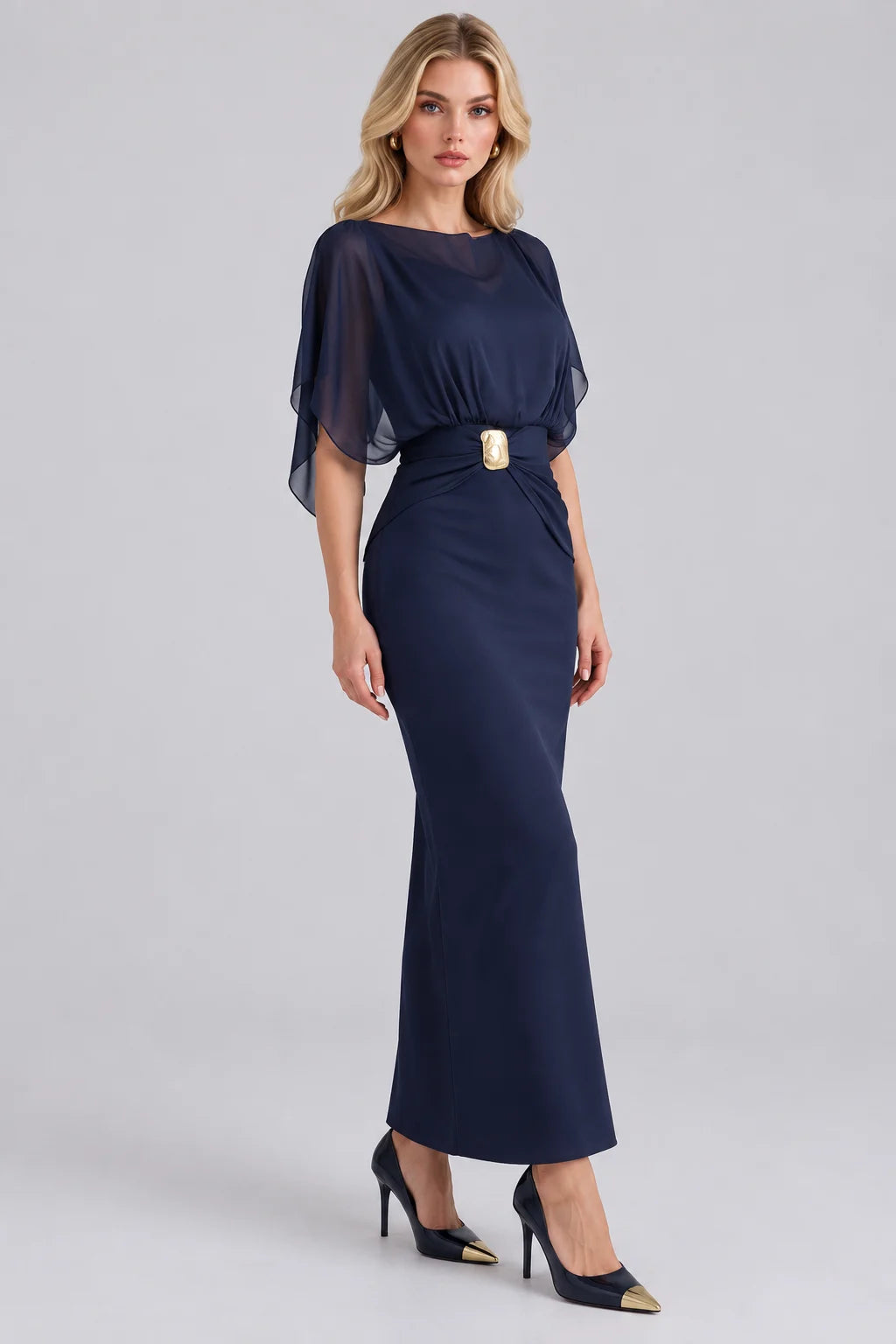 Shimmer Cape Sleeve Column Maxi Dress with Gold Buckle Accent [erp-image:f0e6161998c3a2ba6eb00aab]