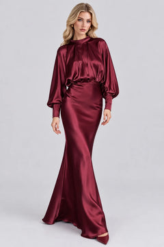 High Neck Bishop Sleeve Gathered Bodice Satin Maxi Dress [erp-image:fb187d14ed4f64002055415b]