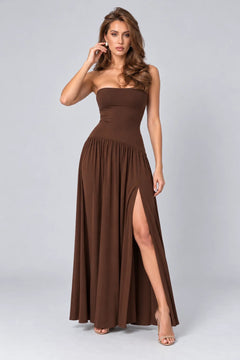 Brown Strapless Drop Waist Maxi Dress with High Thigh Slit [erp-image:65196b0f69ef974c23aaf4a8]