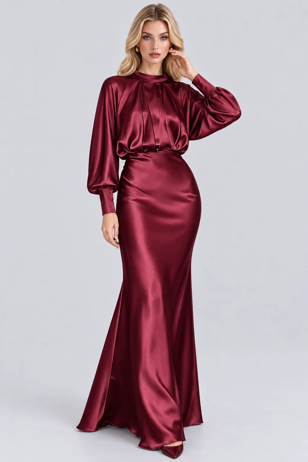 High Neck Bishop Sleeve Gathered Bodice Satin Maxi Dress [erp-image:47a0f35d9547f75d91f37201]
