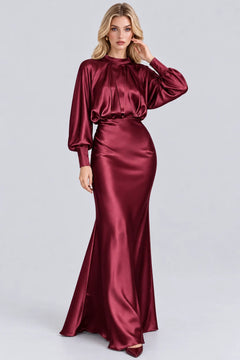 High Neck Bishop Sleeve Gathered Bodice Satin Maxi Dress [erp-image:47a0f35d9547f75d91f37201]