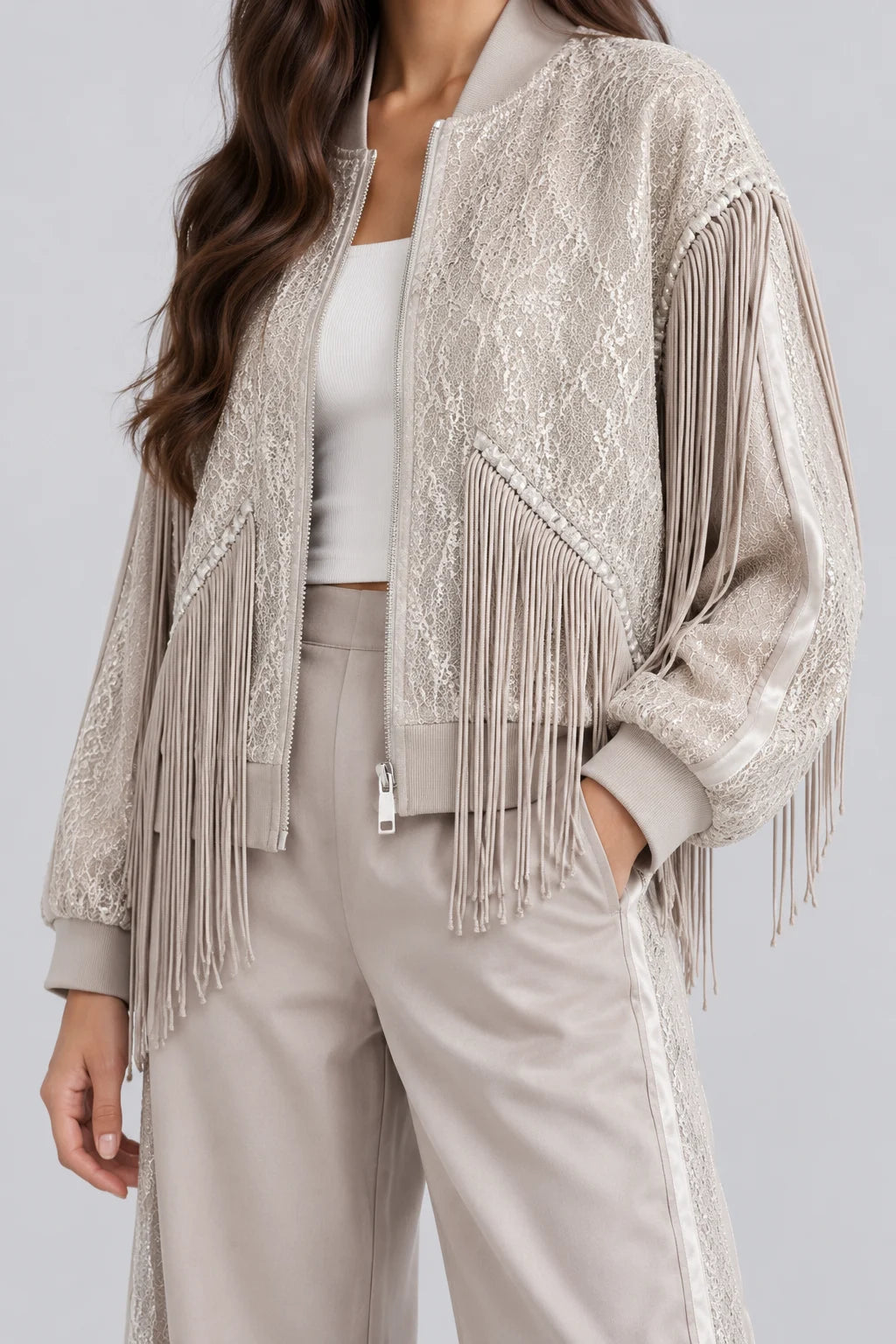 Women's Sequin Fringe Bomber Jacket and Wide Leg Pants Two Piece Set [erp-image:34b4c4de63b2174f9b60973f]