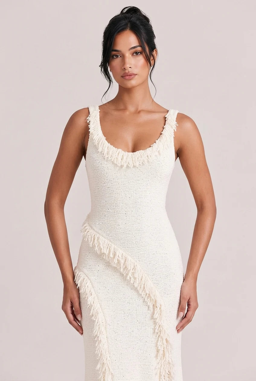 Tweed Knit Scoop Neck Sleeveless Fringe Trim Slit Maxi Dress