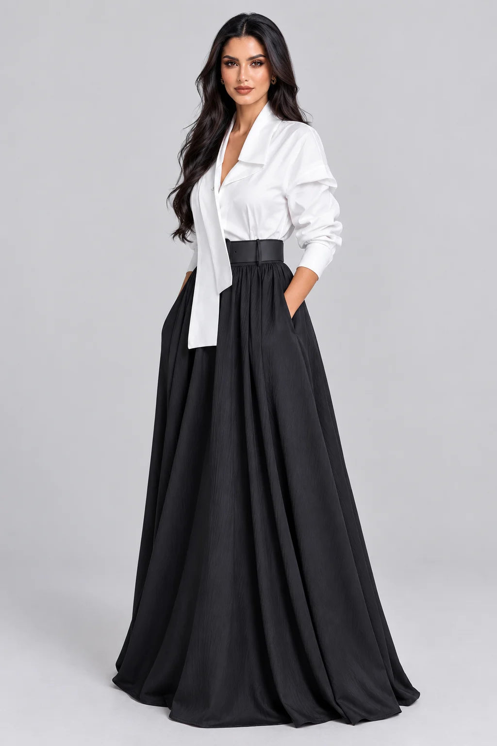 Women's Asymmetrical Draped Collar Shirt and High Waist Maxi Skirt Two Piece Set [erp-image:becee8aa74ee6df034112a6a]