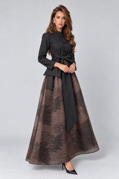 Elegant Black Long Sleeve Bow Belted Shirt Dress with Floral Buttons [erp-image:abfb281bcba0c06d49b04a18]
