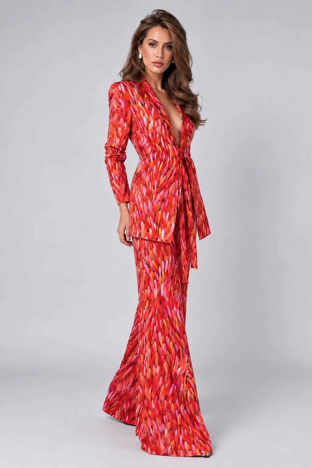 Red Brushstroke Print Tie Front Blazer and Wide Leg Pants Two Piece Set [erp-image:b7ddffc63bdb5ca0a67dbc09]