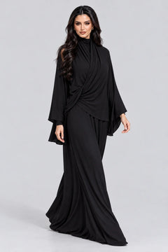 Women's Black Draped Khimar Abaya Maxi Dress Long Sleeve Modest Prayer Jilbab [erp-image:d0b4cbd2697e10c7cac45380]