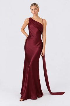 Burgundy One Shoulder Draped Satin Maxi Evening Dress with Floor Length Sash [erp-image:e450391301f736ec519a5233]