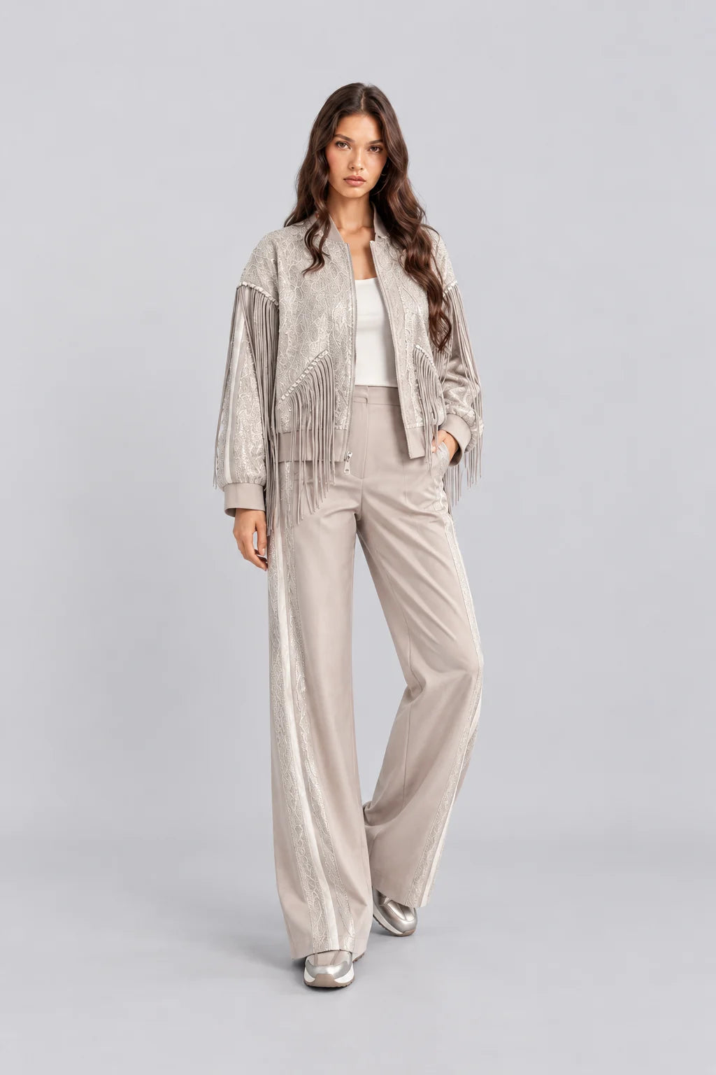 Women's Sequin Fringe Bomber Jacket and Wide Leg Pants Two Piece Set [erp-image:43c4c7413132630df4b7a674]